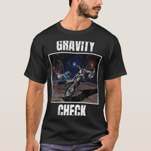 グラビティチェックダートバイクモトクロス天文学宇宙 Tシャツ (正面)