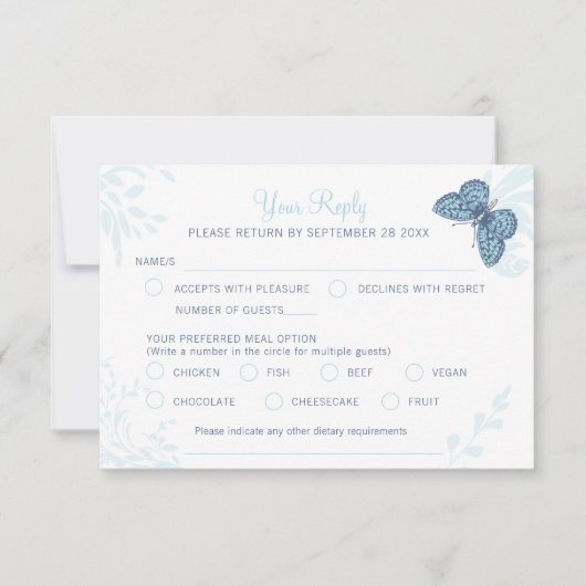 グラフィックアートの蝶とフローラの渦巻結婚き 出欠カード (正面)