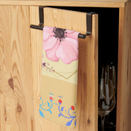 グラフィックアートワーク、ピンクとブルーの春の花 キッチンタオル