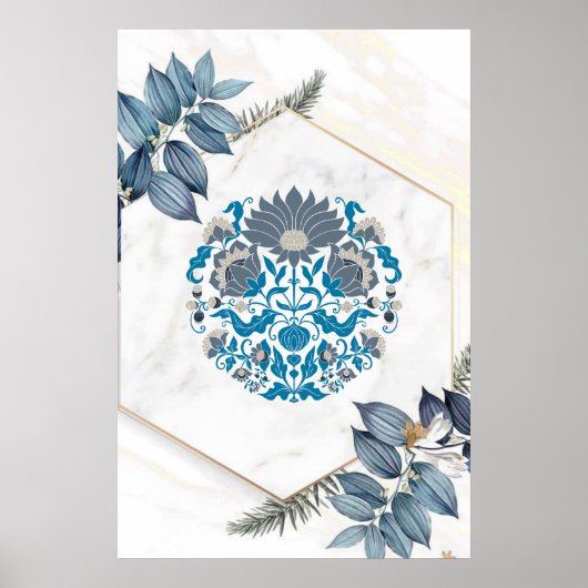 グラフィックアート、ティール(緑がかった色)フローラマンダライラストレーション ポスター (正面)