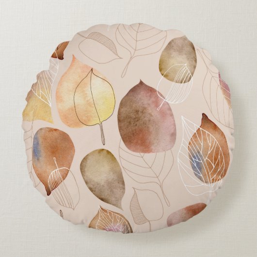 グラフィックウォーターカラーリーフ秋デザイン ラウンドクッション (正面)