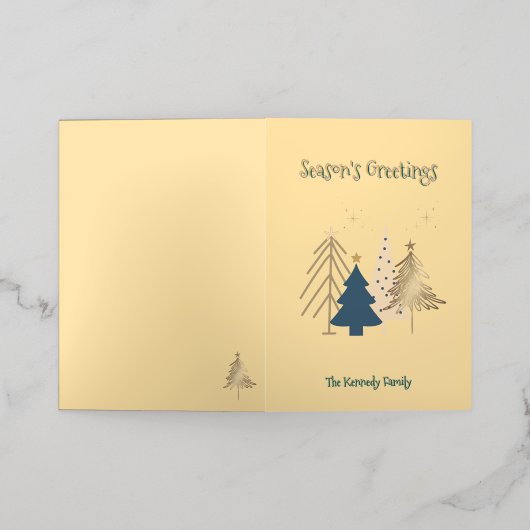 グラフィッククリスマスツリーフォトバターイエローホリデー 箔グリーティングカード (外側レイダウン)
