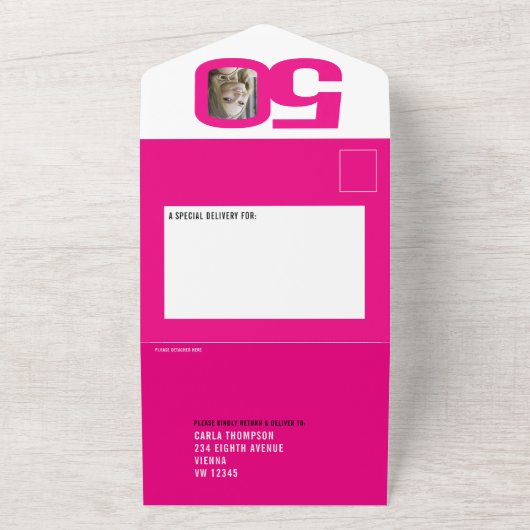 グラフィックピンクの白4枚の写真50th Birthday party オールインワン招待状 (外側)