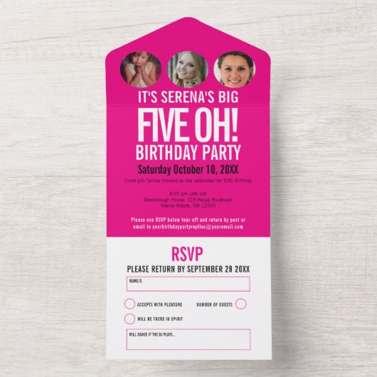 グラフィックピンクの白4枚の写真50th Birthday party オールインワン招待状 (内側)