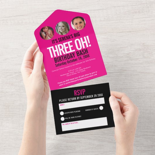 グラフィックピンクの黒い写真円30th Birthday All オールインワン招待状 (貼ってはがせる)