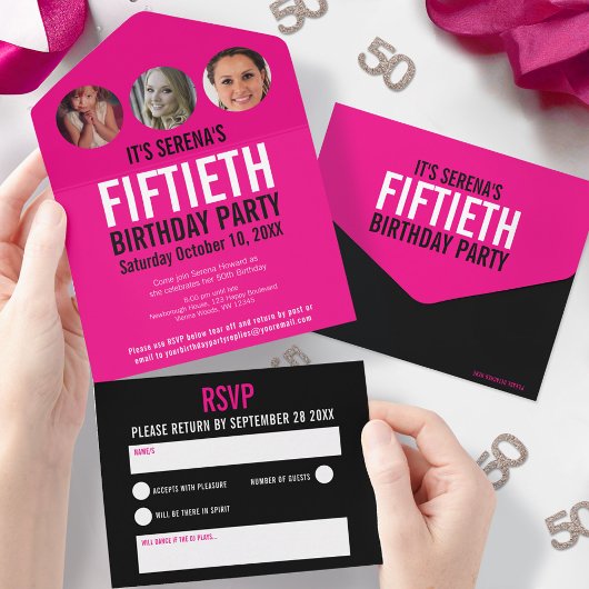グラフィックピンクの黒い写真円50誕生日 オールインワン招待状