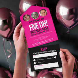 グラフィックピンクの黒い写真円50誕生日 オールインワン招待状