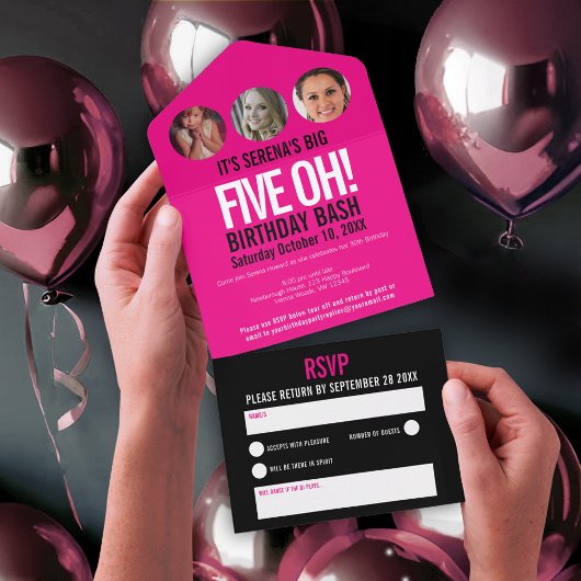 グラフィックピンクの黒い写真円50誕生日 オールインワン招待状