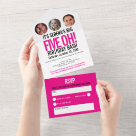 グラフィックピンクの黒い写真円50誕生日 オールインワン招待状