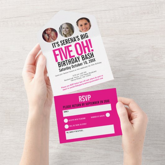 グラフィックピンクの黒い写真円50誕生日 オールインワン招待状 (貼ってはがせる)