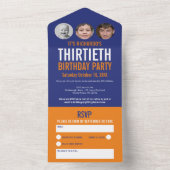 グラフィックブルーのオレンジ色の写真の円30th Birthday オールインワン招待状 (内側)