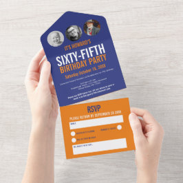 グラフィックブルーのオレンジ色の写真の円65誕生日 オールインワン招待状