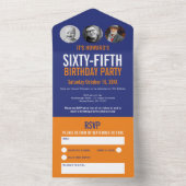 グラフィックブルーのオレンジ色の写真の円65誕生日 オールインワン招待状 (内側)