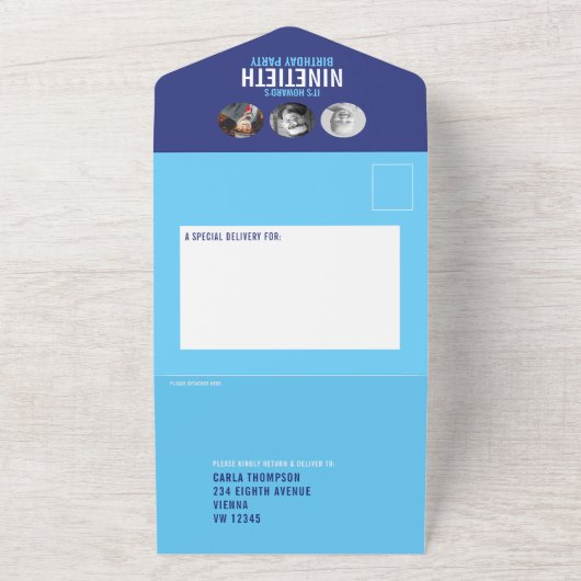 グラフィックブルーのシアンの写真の円90番目の誕生日 オールインワン招待状 (外側)