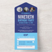 グラフィックブルーのシアンの写真の円90番目の誕生日 オールインワン招待状 (内側)