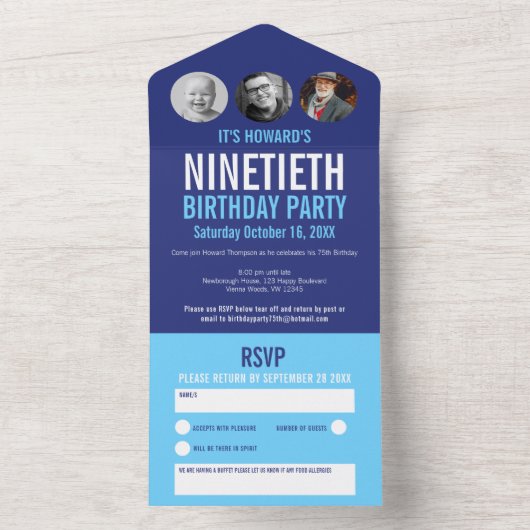 グラフィックブルーのシアンの写真の円90番目の誕生日 オールインワン招待状 (内側)