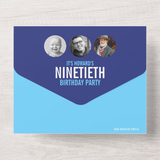 グラフィックブルーのシアンの写真の円90番目の誕生日 オールインワン招待状 (裏面)