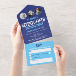 グラフィックブルーシアン写真円75誕生日 オールインワン招待状