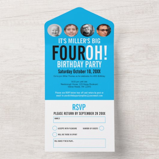 グラフィックブルーブラック40th誕生日パーティー写真 オールインワン招待状 (内側)