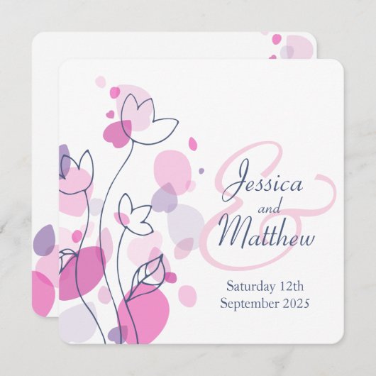 グラフィックモダンフラワー花びらスクエア結婚式の招待 招待状 (正面/裏面)