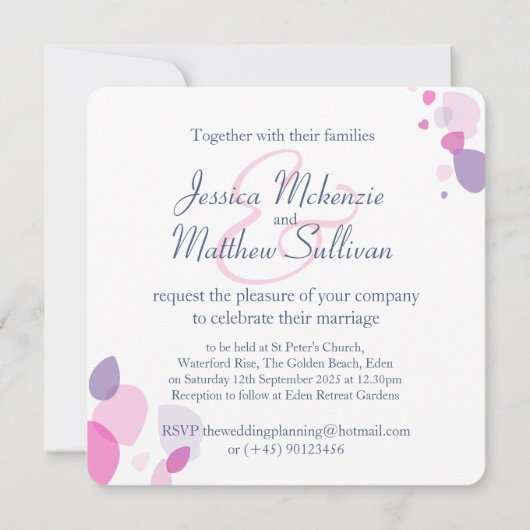 グラフィックモダンフラワー花びらスクエア結婚式の招待 招待状 (裏面)