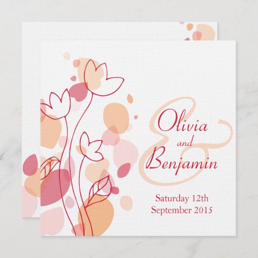 グラフィックモダンフラワー花びら赤い結婚式の招待 招待状 (正面/裏面)