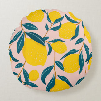 グラフィック図解入りの、写真付きのレモン：ピンクシームレスパターン ラウンドクッション