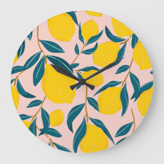 グラフィック図解入りの、写真付きのレモン：ピンクシームレスパターン ラージ壁時計