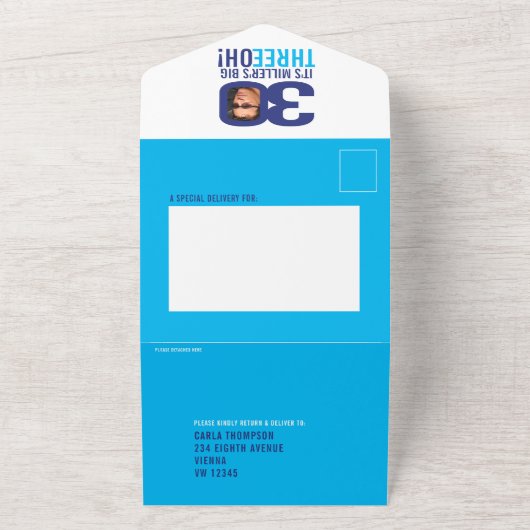 グラフィック海軍スカイブルー30th誕生日パーティー写真アル オールインワン招待状 (外側)