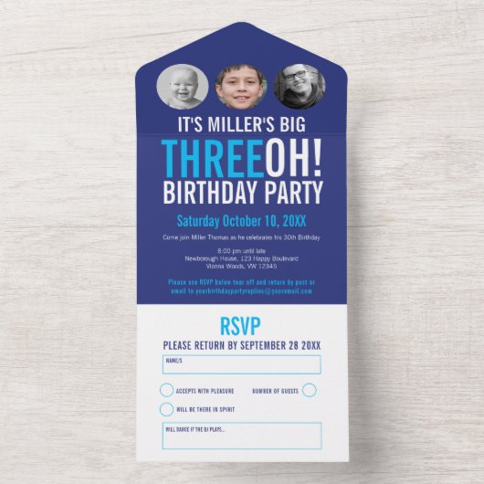 グラフィック海軍スカイブルー30th誕生日パーティー写真アル オールインワン招待状 (内側)