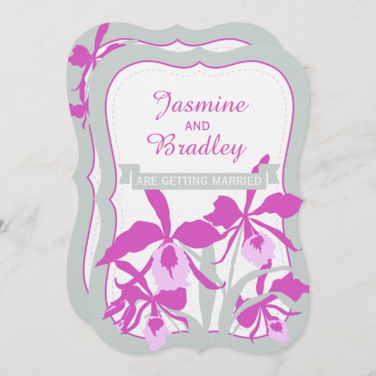 グラフィック蘭の紫の緑の灰色の結婚式の招待 招待状 (正面/裏面)