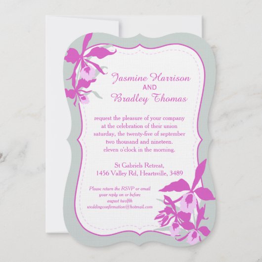 グラフィック蘭の紫の緑の灰色の結婚式の招待 招待状 (裏面)