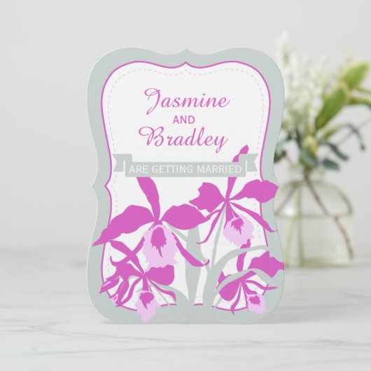 グラフィック蘭の紫の緑の灰色の結婚式の招待 招待状 (スタンド正面)