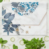 グラフィック・アートワーク、ティール（緑がかった色）・マンダラ・フローラ・フレーム キッチンタオル (折り畳み)