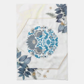 グラフィック・アートワーク、ティール（緑がかった色）・マンダラ・フローラ・フレーム キッチンタオル (縦)