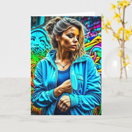 グラフィティかわいらしアーバン通りアートガール カード (黄色い花)