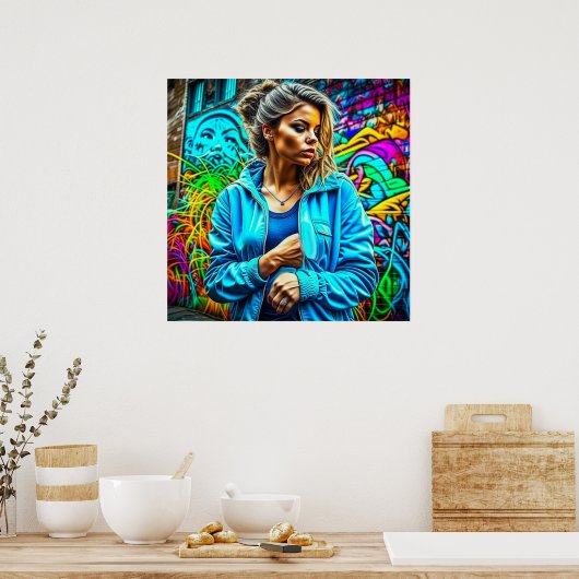 グラフィティかわいらしアーバン通りアートガール ポスター (キッチン)