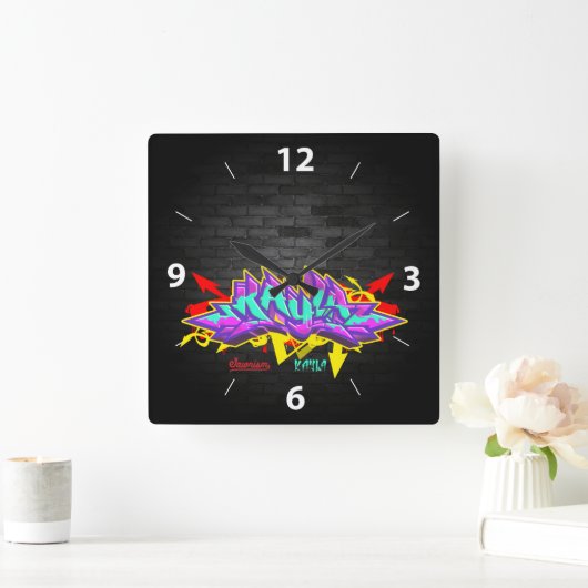 グラフィティのカヤラという名前 スクエア壁時計 (ホーム)