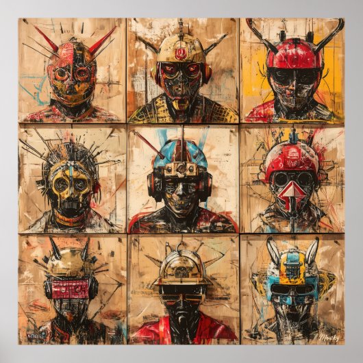グラフィティの未来的な戦士のマスク抽象芸術グリッド ポスター (正面)