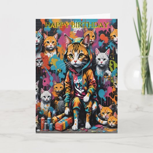 グラフィティアーティスト通り猫マイルストーン誕生日 カード (正面)