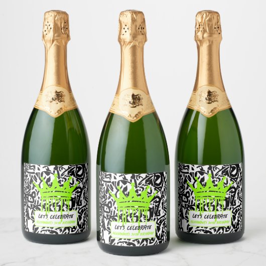 グラフィティクラウングリーンレッツ祝誕生日 スパークリングワインラベル (ボトル)