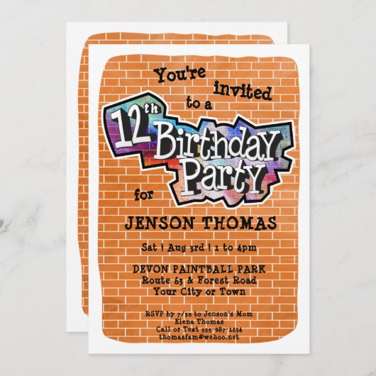 グラフィティクールアート12th誕生日パーティーへの招待 招待状 (正面/裏面)