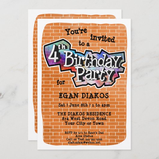 グラフィティクールアート4th誕生日パーティの招待状 招待状 (正面/裏面)