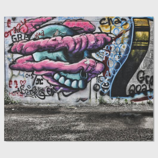 グラフィティグレーピンクスカルアーバン通りウォールアート ラッピングペーパー (フラット)