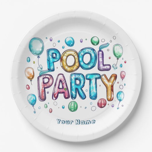 グラフィティスタイルレタリングとバルーンIプールパーティー ペーパープレート (正面)