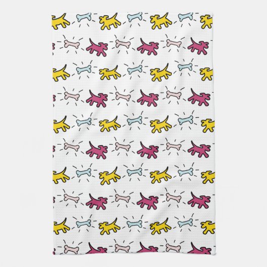 グラフィティスタイル犬とボーンズホワイトドッグタオル6 キッチンタオル (縦)