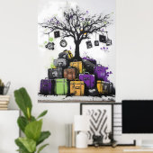 グラフィティスーツケースと時計ツリー – アーバンアート ポスター (ホームオフィス)