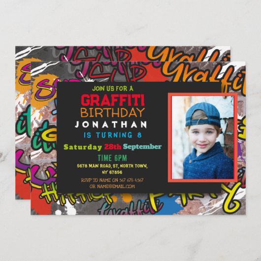 グラフィティバースデーパーティー美術工芸品写真絵を描 招待状 (正面/裏面)