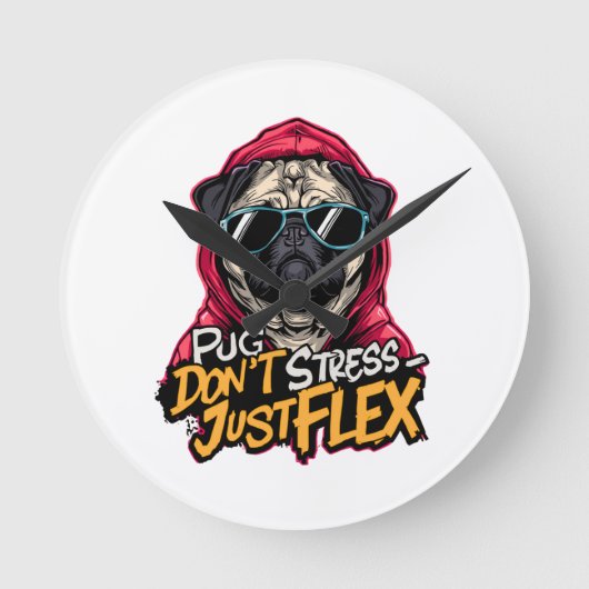 グラフィティパグ壁時計 - “Pug Don't Stress ラウンド壁時計 (正面)