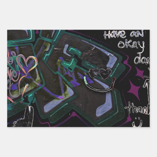 グラフィティブラックグリーンアモダンーバン通りウォールアート ラッピングペーパーシート (正面2)